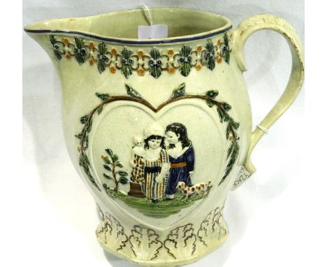 Pearlware Prattware jug, Sportive Innocence and Mischievous Sport, H: 19 cm, age related crazing, no chips or cracks. P&amp;P
