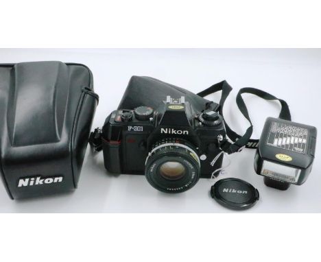 Nikon film camera F301 with Nikkor 50mm F1.8 lens and Nikon leather case, Nikon SP23 flash, bagged. P&amp;P Group 2 (£18+VAT 