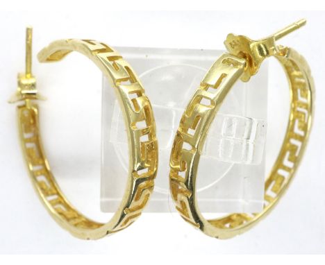 A pair of 14ct gold hoop earrings, featuring Greek Key design, each D: 28 mm, combined 4.4g. No visible dents or surface scra