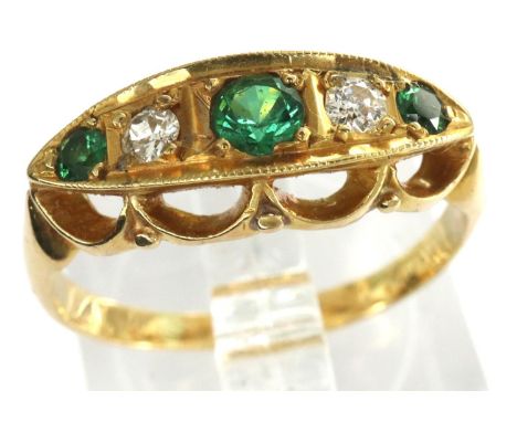 Presumed 18ct gold emerald and diamond boat ring, size N, 3.1g. P&amp;P Group 1 (£14+VAT for the first lot and £1+VAT for sub