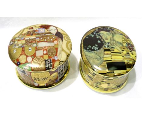 Two Gustav Klimt limited edition Ardleigh Elliott musical trinket boxes, largest D: 10 cm, no cracks or chips. P&amp;P Group 