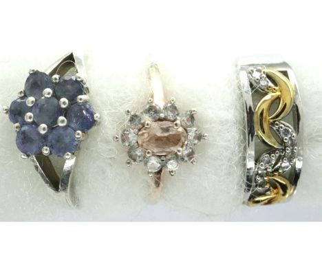 Three 925 silver stone set rings, sizes P, V and X, combined 10g. P&amp;P Group 1 (£14+VAT for the first lot and £1+VAT for s