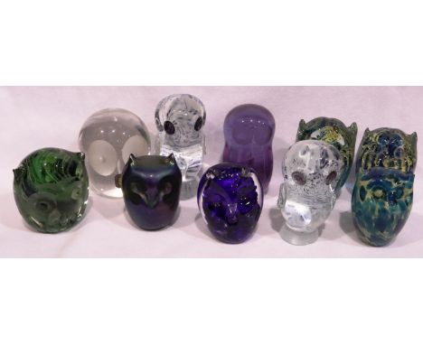 Ten glass owl paperweights to include three Mdina examples, largest H: 10 cm, damages to one owls ear, otherwise good. P&amp;