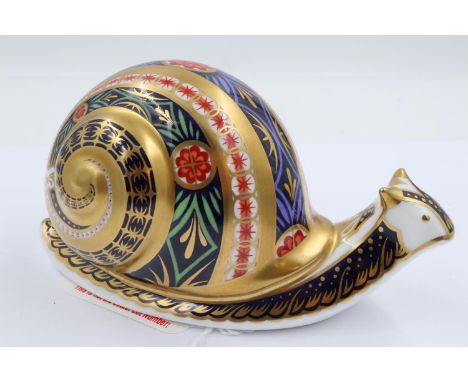 Royal Crown Derby limited edition first quality garden snail, 2807/4500, with gold stopper, L: 14 cm, no cracks or chips. P&a