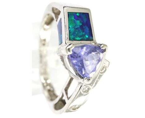 14ct white gold, tanzanite, opal and diamond ring, size N/O, 4.1g. P&amp;P Group 1 (£14+VAT for the first lot and £1+VAT for 