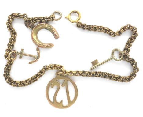 9ct gold charm bracelet, with four charms, L: 18 cm, combined 6.5g. P&amp;P Group 1 (£14+VAT for the first lot and £1+VAT for