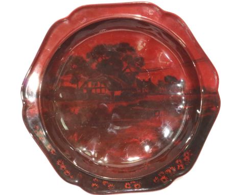 Royal Doulton Flambe footed bowl, D: 27 cm, with a Country Cottage design signed Noke, slight use marks but otherwise good, n