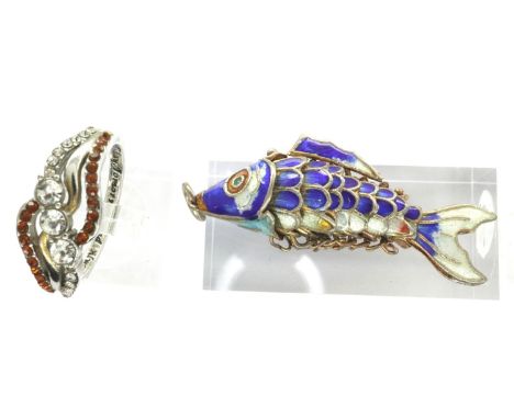 Articulated enamel fish and a stone set ring, size U. P&amp;P Group 1 (£14+VAT for the first lot and £1+VAT for subsequent lo