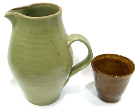 Three Studio pottery items including jug, mug and beaker, all bearing St Ives pottery marks, largest H: 22 cm, no chips or cr