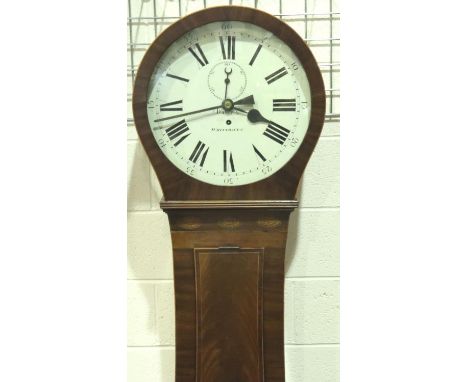 19th century teardrop tavern clock with inlaid walnut case by Dawes of Whitehaven, Dial 45 cm, no weights present, clock H: 1