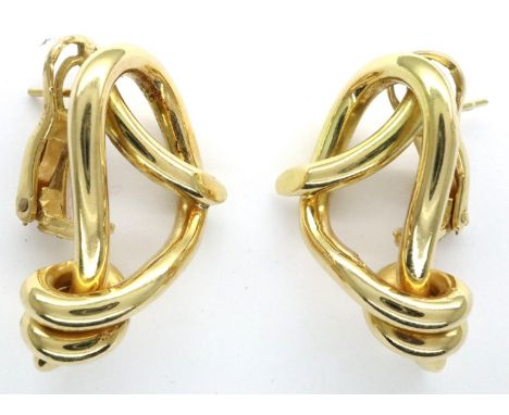 A pair of heavy gauge 18ct gold earrings of knot design, each L: 30 mm, combined 18.5g. P&amp;P Group 1 (£14+VAT for the firs