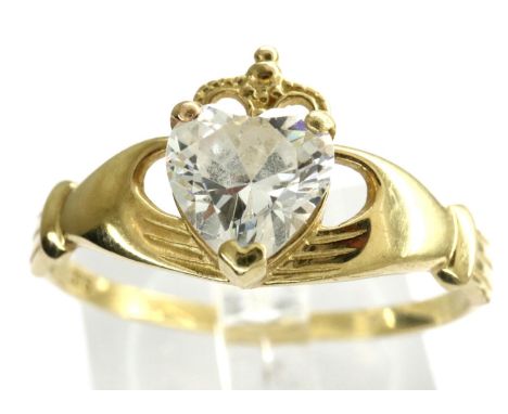 9ct gold CZ Claddagh ring, size S, 1.7g. P&amp;P Group 1 (£14+VAT for the first lot and £1+VAT for subsequent lots) 