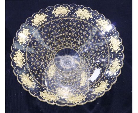 19th century continental tazza, etched and gilt in the Lobmeyer style, D: 22 cm, H: 16 cm, no cracks or chips. P&amp;P Group 