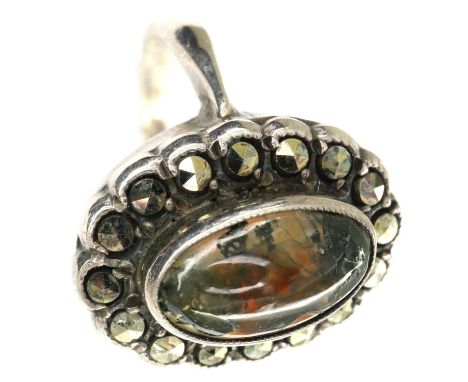 Victorian amber and marcasite white metal ring, size M, 3.6g. P&amp;P Group 1 (£14+VAT for the first lot and £1+VAT for subse