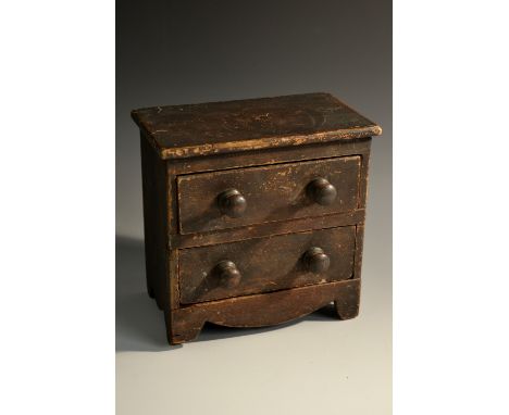 Miniature Furniture - an early 19th century painted pine chest, slightly oversailing top above two drawers, turned handles, s