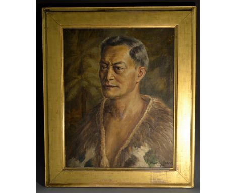 Valerie Beere (New Zealand Artist, 1909-2000)Portrait of a Maori Chief, wearing a kiwi feather cloak, the background with nīk