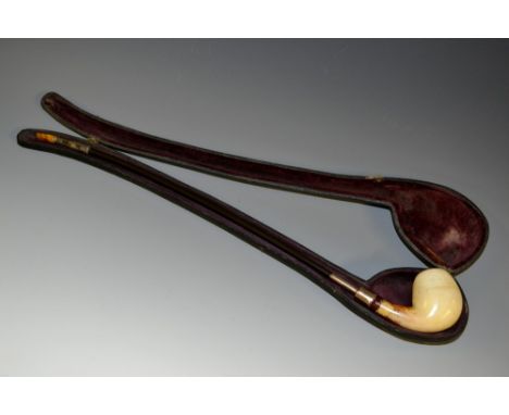 A late 19th century precious metal mounted Meerschaum churchwarden's pipe, plain bowl, three-tier yellow metal shoulder, bowe