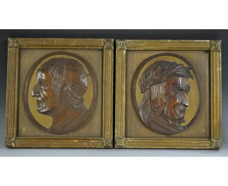A pair of 19th century Italian mahogany portrait plaques, the roundels carved in profile with Dante Alighieri and Pope Bonifa