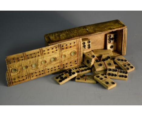 A Napoleonic Prisoner-of-War bone cribbage board, sliding cover enclosing dominoes, 9.5cm long, c.1815
