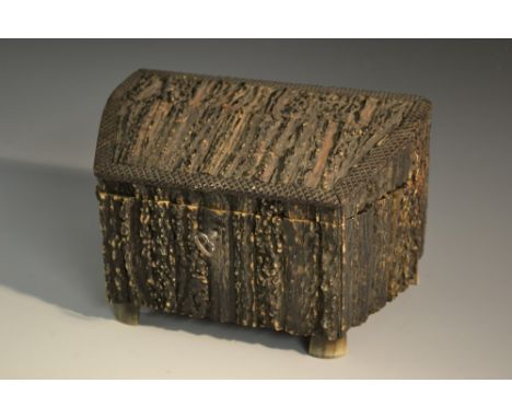 A 19th century Anglo-Indian antler veneered tapered rectangular tea caddy, hinged caddy enclosing a pair of lidded compartmen