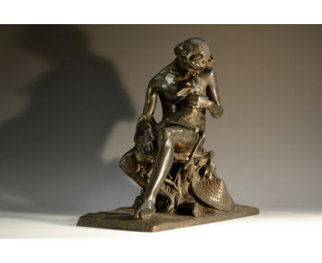 Italian School (19th century), a dark patinated bronze, Arcadian Shepherd Boy, rectangular base, 37cm wide 