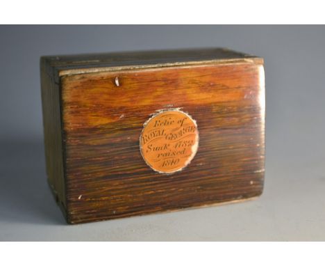 A 19th century salvaged oak snuff box, push-fitting cover with inset roundel inscribed Relic of Royal George, Sunk 1782, Rais