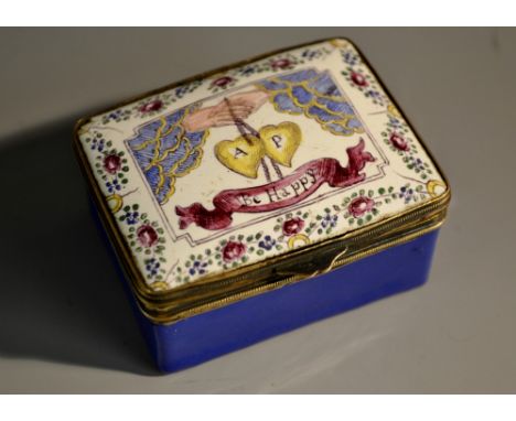A 19th century Continental enamel rectangular snuff box, hinged cover decorated in polychrome with clasped hands and heart de