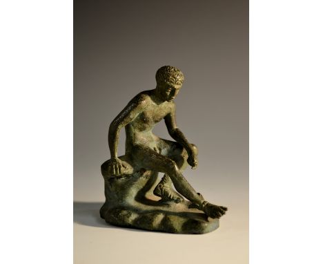 Grand Tour School (19th century), a verdigris patinated bronze, Seated Hermes, after the Antique, 9.5cm high 