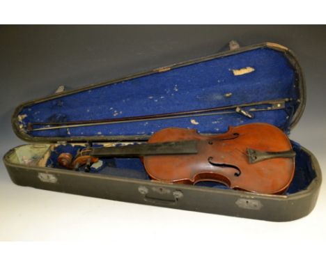 A late 19th century violin, the two-piece back 36.9cm long excluding button, ebonised tuning pegs, outlined throughout with b