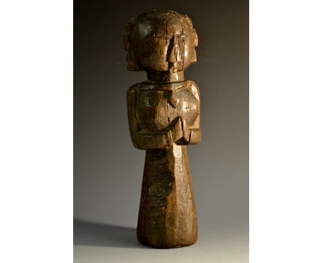 Tribal Art - a figure, carved as a European lady, wearing a necklace, she stands her hands clasped in prayer, 34cm high, 19th