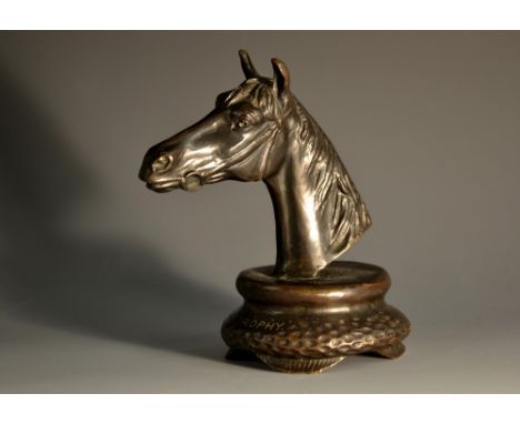 English School (20th century), a dark patinated bronze model, of the head of a horse, circular planished base cast P.M.P. Tro