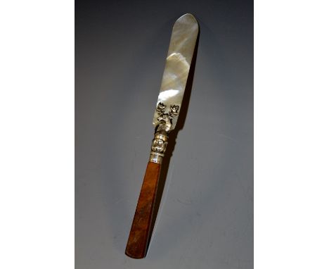 A 19th century Scottish silver-coloured metal mounted letter knife, mother-of-pearl blade, agate handle, 19.5cm long 