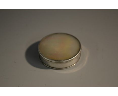 A 19th century silver coloured metal and mother of pearl circular snuff box, push-fitting cover, quite plain, 4cm diam
