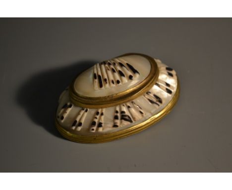 An early 19th century sea shell and brass snuff box, hinged cover, 6.5cm wide, c.1800 