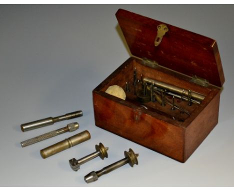 A set of 19th century horologist's tools, mahogany box containing various watch maker's instruments, 10.5cm wide 