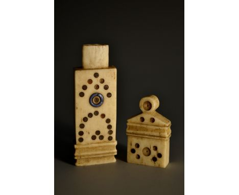 A Napoleonic Prisoner-of-War bone tapered needle or bodkin case, of architectural influence, inlaid with cut steel marquetry 