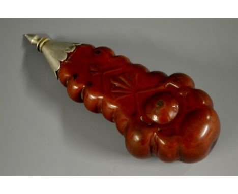 A 19th century pressed and lacquered gourd flask, silver coloured metal stopper and mount, 15cm long