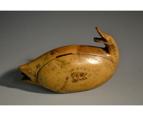 Folk Art - a 19th century Scandinavian softwood novelty snuff box, carved in the form of a 'duck-whale' (Hyperoodon), penwork