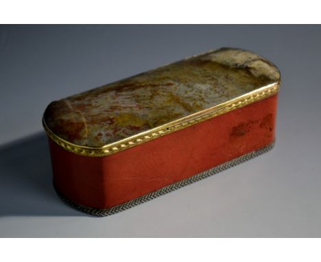 An '18th century' agate mounted rounded rectangular toilette box, hinged cover with engine turned wavy border, 15cm wide, par