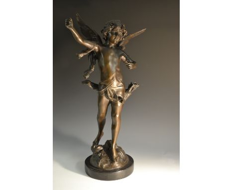 After Duchoiselle (contemporary), a dark patinated bronze, Amor with quiver, signed in the maquette, circular marble base, 62
