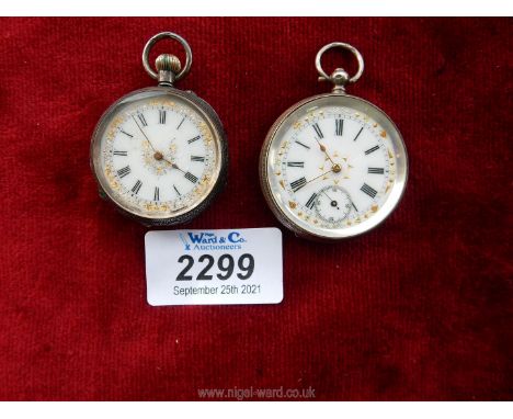 Two pretty ladies antique silver pocket watches having white enamel faces (one cracked) and applied gold and silver detailing