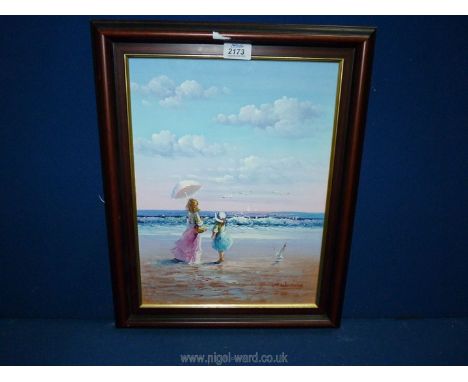 A framed Oil on canvas depicting a seascape with figures on the beach, signed P. Watkins.