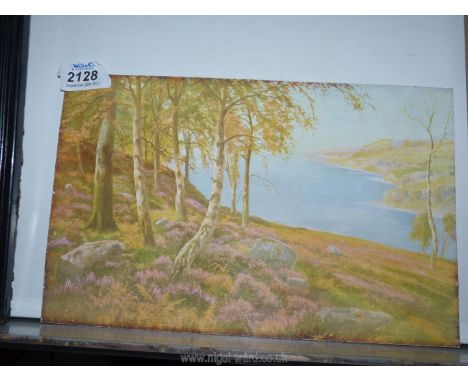 An unframed, unsigned Print on card depicting a seascape with a heather and woodland cliff.