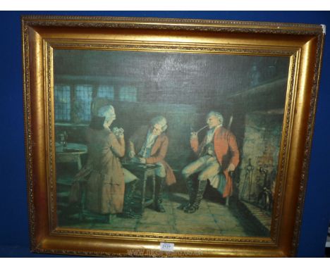 A large framed print depicting gentlemen playing cards by fireside. 30" x 25".