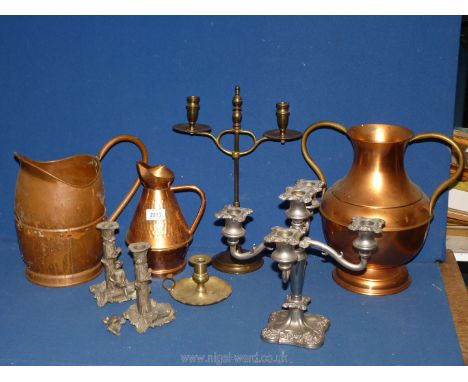 A quantity of mixed metals including a five branch candelabrum, a brass Chamber stick, two various size copper jugs one a/f, 