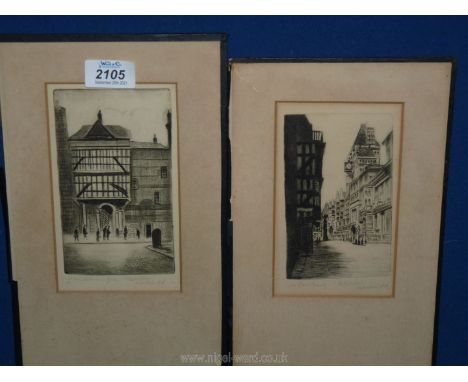 Two framed and mounted Walter Edwin Law Etchings, Bartholomew's Gate and one other both signed in pencil.