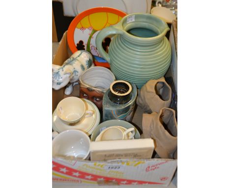 A Wedgwood Clarice Cliff reproduction plate; a David Sharpe Rye Pottery cat; a Poole ashtray; a pair of Bretby stoneware ungl