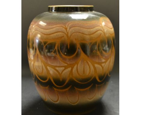 A large Poole Pottery Delphis ovoid vase, banded in tones of black, pink, orange and white, numbered 491, printed mark in gre