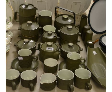 A Denby stoneware Chevron pattern, coffee pot, cups and saucers, teapot with metal swing handle, demi-tasse and saucers, crea