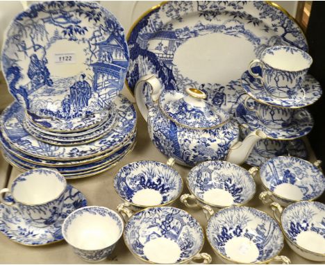 A Royal Crown Derby Mikado - oval meat plate; dinner plates; teapot; teacups; etc